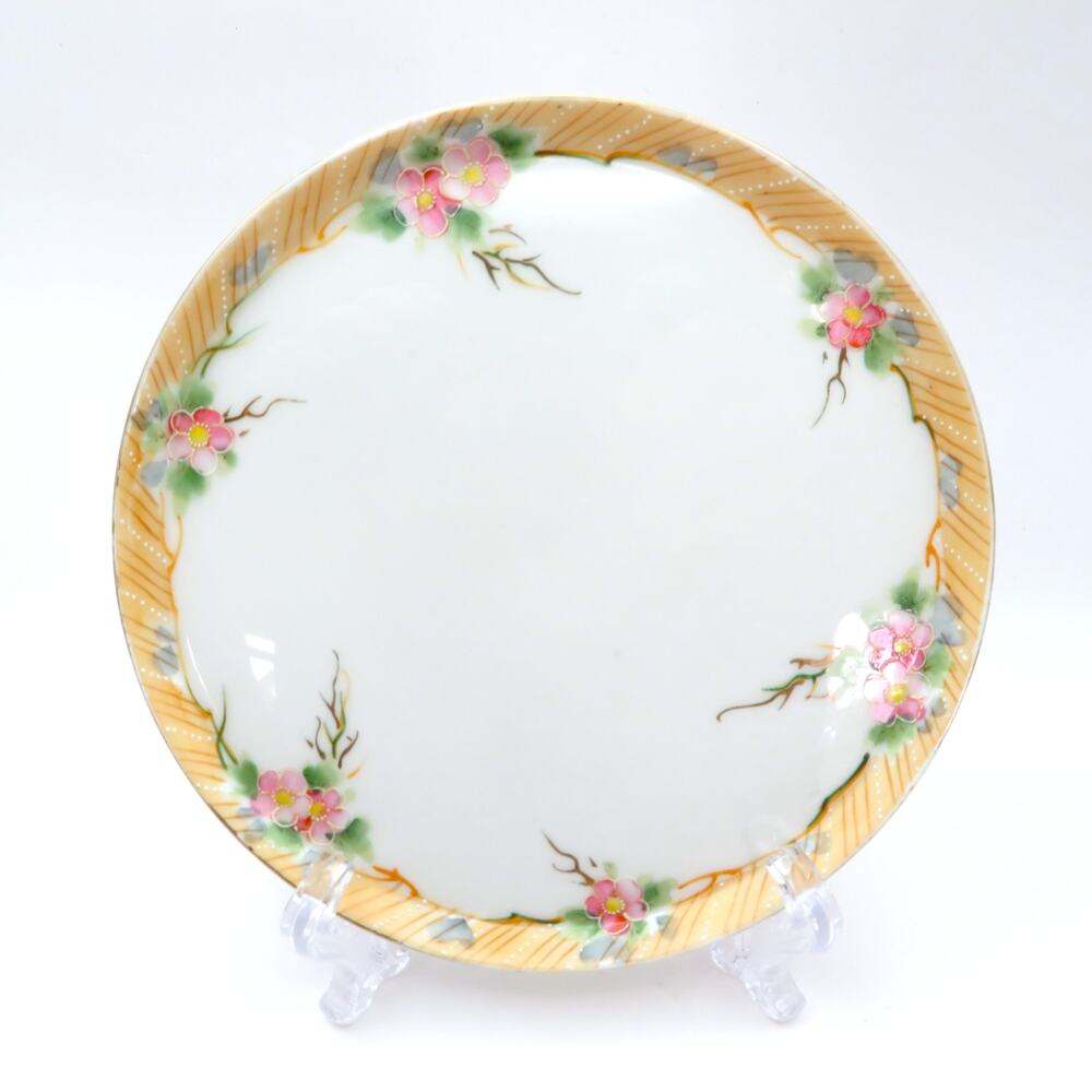 Antique Nippon Hand Painted Porcelain Plate Pink Floral Raised Enamel 1920 Japan